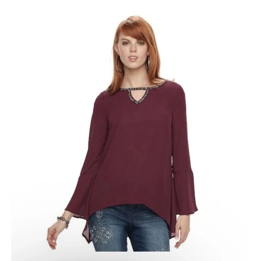 Juicy Couture Womens Red Wine Keyhole V Neck Long Bell Sleeve Blouse Size Large